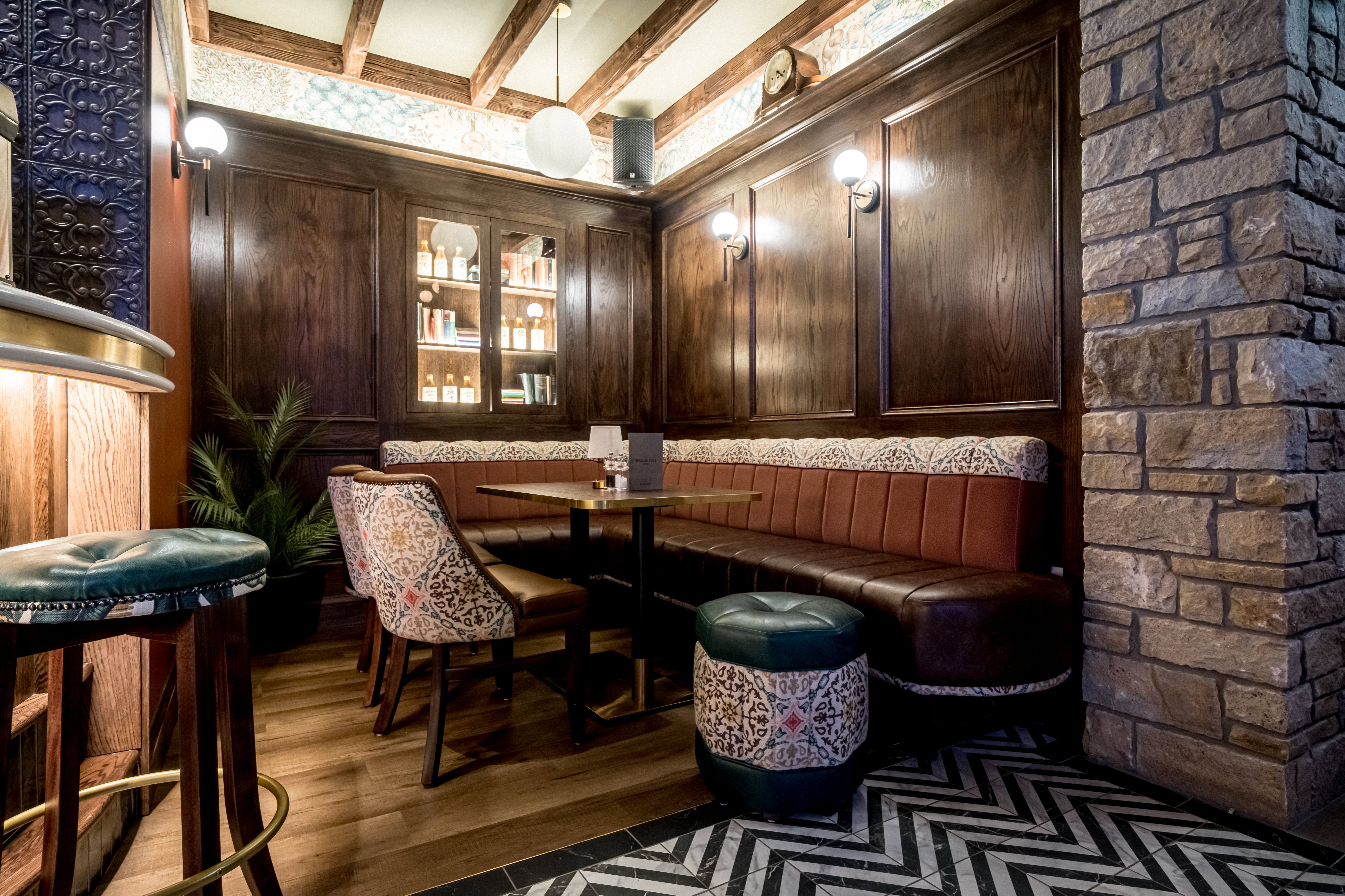 Elegant hotel bar seating area